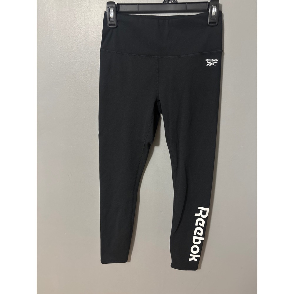 Reebok Womens Black High Waisted Logo Graphic Athletic Leggings Small RN 117927